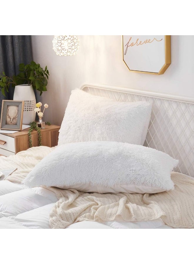 Uhamho Set of 2 Standard Faux Fur Throw Pillow Covers Soft Velvet Decorative Pillowcases Zipper Closure (White, 20"x26") - Image 1